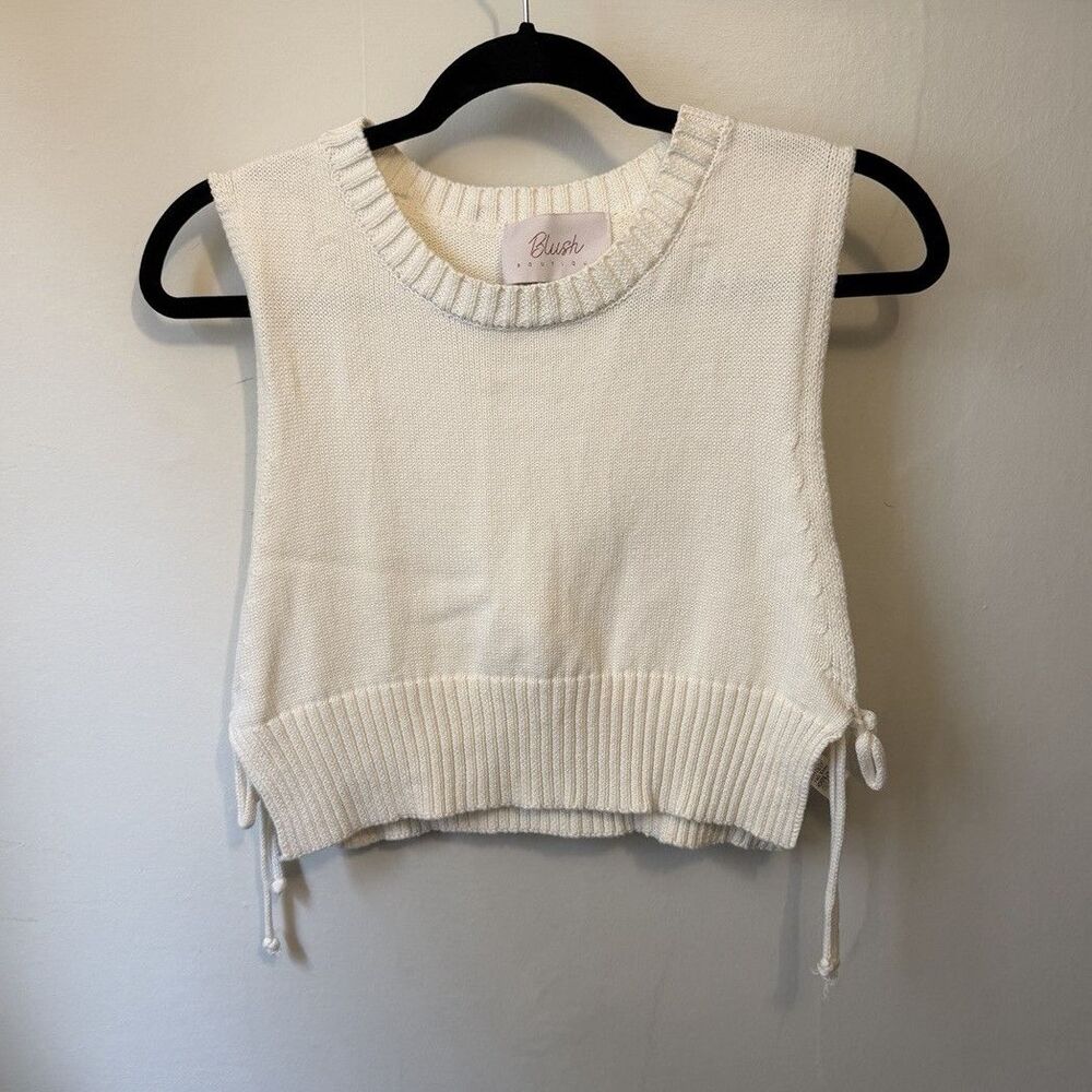 Blush Boutique Ivory Knit Sweater Vest One Size Sleeveless Crew Neck Side Ties